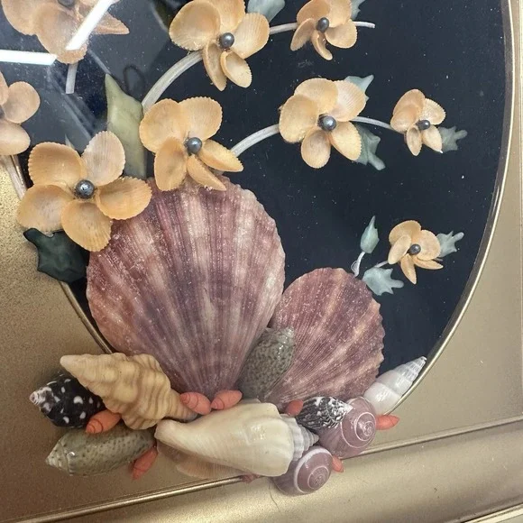Vintage‎ Shell Art Floral Bird Black Velvet Gold Frame Cherry blossoms Beach 8" - Picture 3 of 13